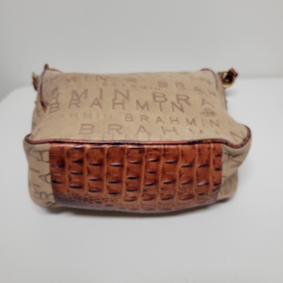 Brahmin Monogram Tan And Brown Canvas Croc Leather Shoulder Bag. - Picture 7 of 16